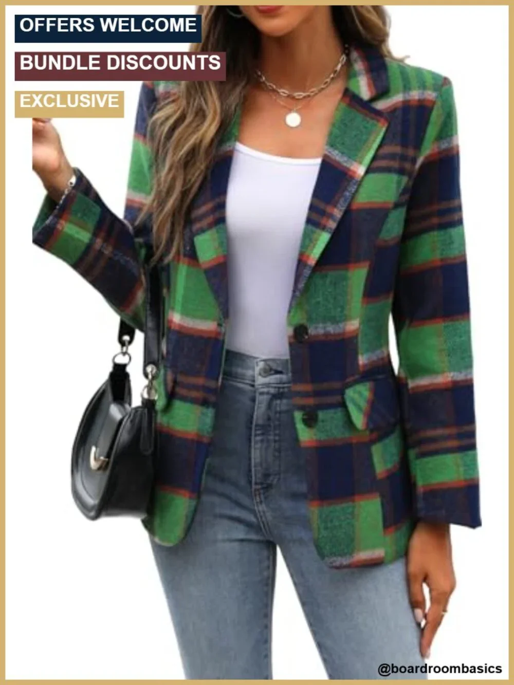 Women's Business Casual Plaid Blazer Notched Lapel Long Sleeve Blazer with